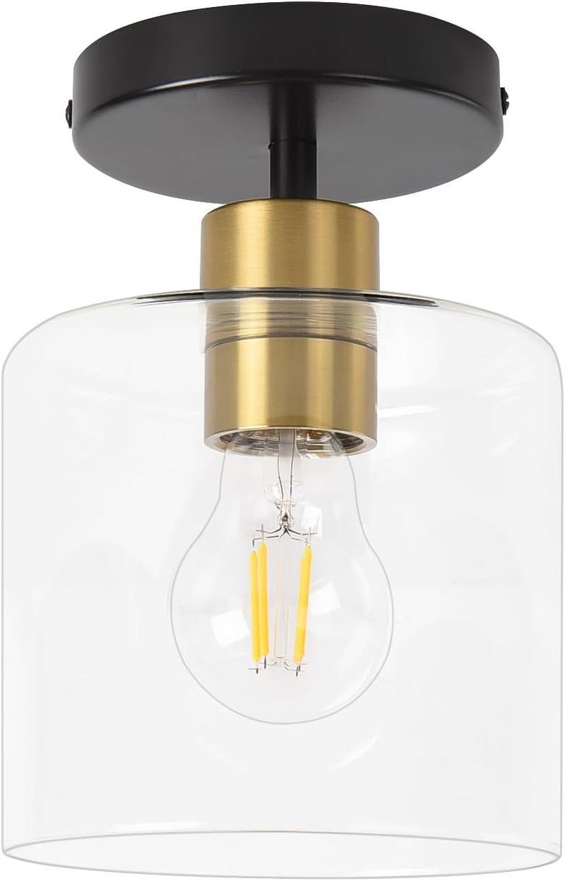 KLSS Black Brass Semi Flush Mount Ceiling Light,Modern Farmhouse Ceiling Light Fixture for Closet Entryway,Hallway Light Fixture 5.9in Clear Glass Shade 1 Pack - Image 1